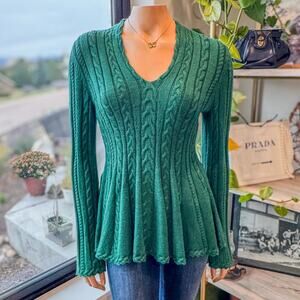 Antonio Melani Green V-Neck Cable Knit Peplum Sweater Flared Waist Womens Medium
